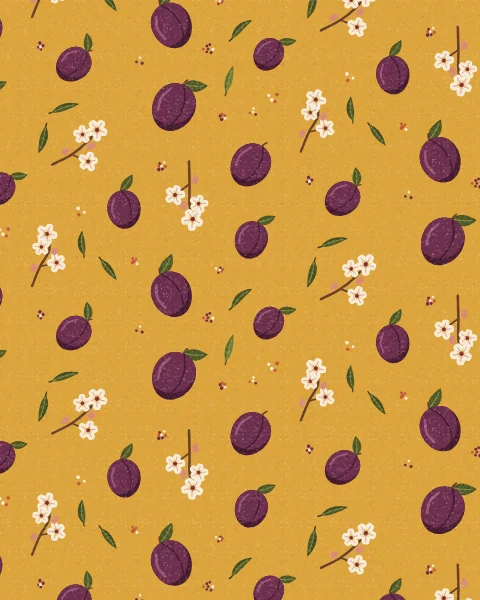 Dark purple plums with a soft bloom and their leaves repeat across a mustard ground with sprigs of white blossom and small dots.