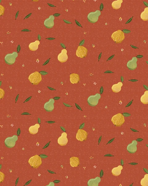 Green and golden pears and downy quinces, some with a leaf, repeat across a terracotta ground with slender leaves and small dots.