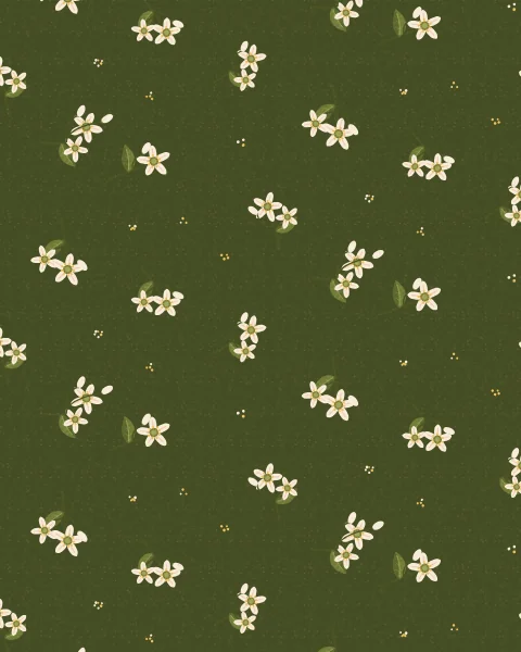 Sprigs of white orange blossom with buds and a leaf each, spaced widely across a deep olive ground with small cream dots.