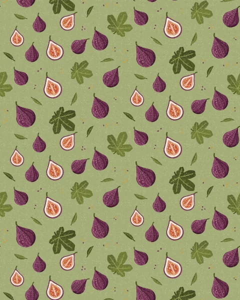 Purple figs, whole and cut open to their pink flesh, crowd across a sage green ground with fig leaves and small seeds.