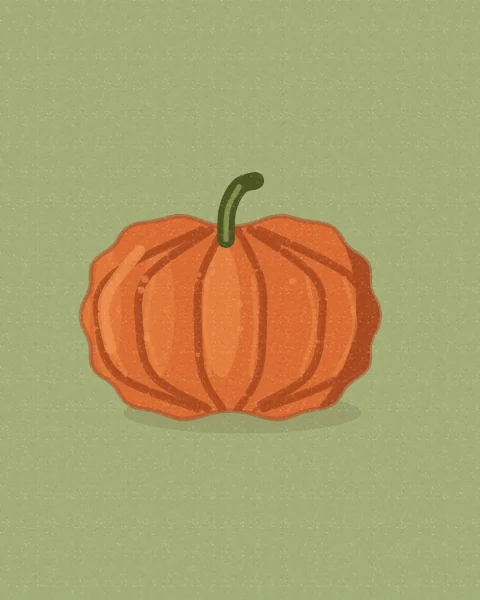 A broad orange pumpkin with deep grooves and a curled green stem, set large on a sage ground; taller shapes add a cream and a mustard pumpkin.
