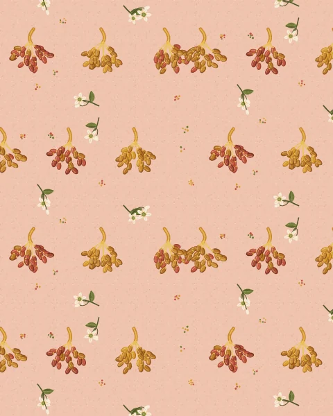 Hanging bunches of dates, from golden to deep red, set in staggered rows on a blush ground with sprigs of orange blossom and small dots between.