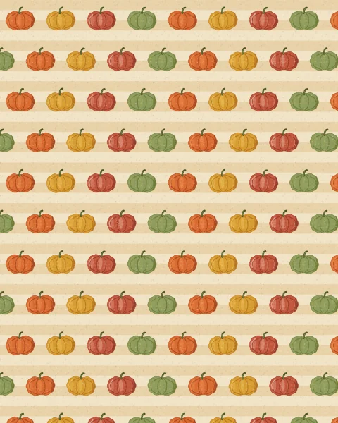 Small pumpkins in orange, mustard, terracotta and green sit in neat staggered rows over soft horizontal stripes on cream.