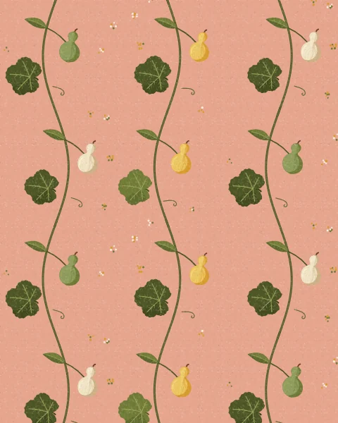 Two winding stems repeat across a rose ground, carrying bottle gourds in green, mustard and cream, broad lobed leaves and curling tendrils.
