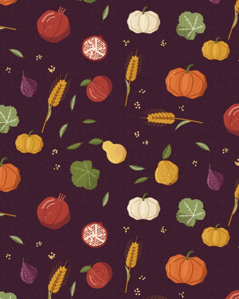 A large-scale repeat of pumpkins, pomegranates, a quince, apples, pears, figs and ears of wheat with broad leaves on a deep plum ground.