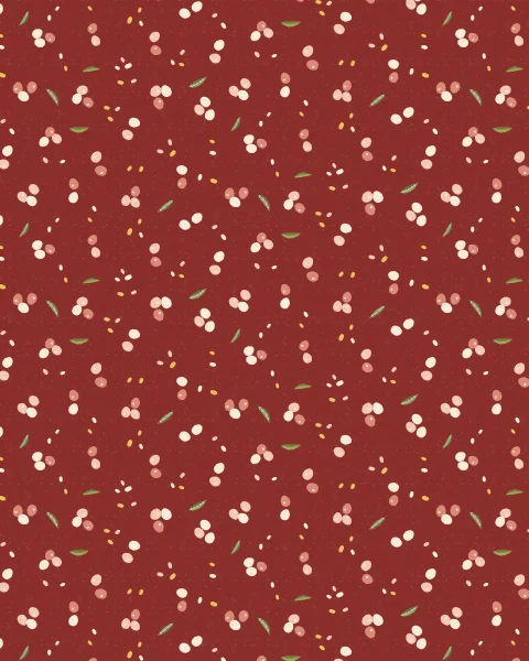A scattered repeat of loose pomegranate seeds, pips and small pale leaves in blush, rose and cream on a deep pomegranate red ground.