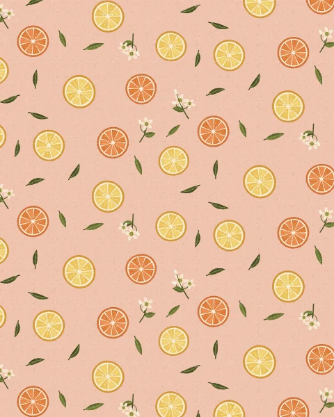 Cut lemons and oranges showing their segments repeat across a blush ground with slender green leaves and small sprigs of blossom.