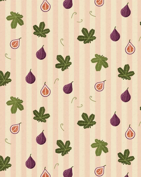 Fig leaves, whole figs and cut figs with curling tendrils, scattered over soft blush and cream vertical stripes.