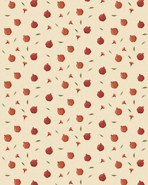 A small-scale repeat of tiny whole pomegranates, scarlet pomegranate flowers and leaves, spaced evenly on a cream ground.
