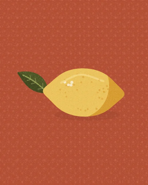 A single lemon with its dark leaves, set large on terracotta over a fine dot ground; taller shapes add a cut lemon and a sprig of blossom.