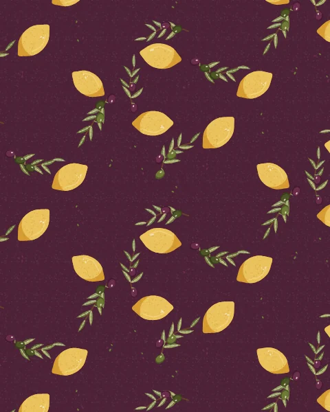 Olive sprigs with green and purple olives and smooth lemons repeat across a deep plum ground with small olive stones between.