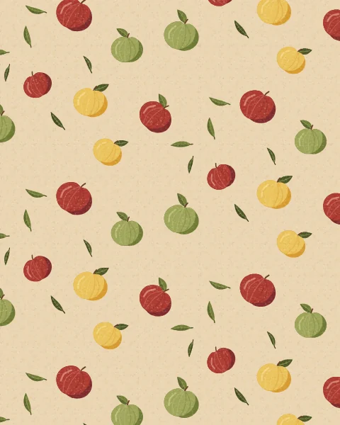 Red, green and golden apples, most with a leaf, repeat across a pale ground with a fine pattern of soft dots.