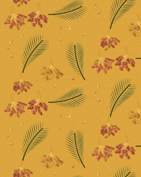 Arching date-palm fronds and hanging bunches of dates repeat across a mustard ground with small dots between.