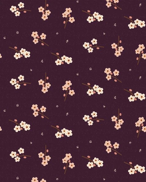 Bare twigs carrying pale pink and white almond blossom and buds, spaced widely across a deep plum ground with small dots.
