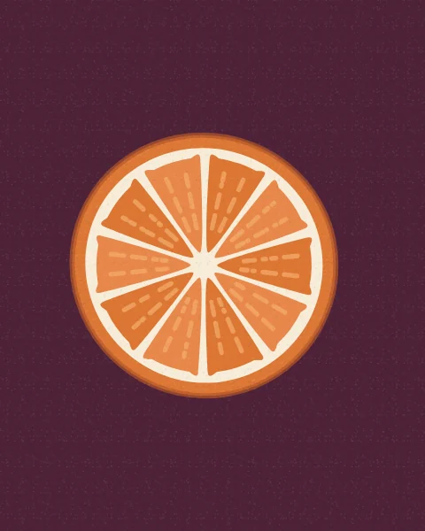 A cut orange showing its bright segments, set large on deep plum; taller shapes add a cut lemon and a second orange.