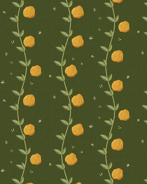 Two winding pale stems repeat across a deep olive ground, carrying golden quinces and pairs of soft green leaves, with small dots between.
