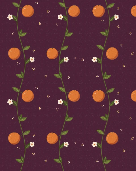 Two winding stems repeat across a deep plum ground, carrying oranges, open orange blossoms and pairs of dark leaves.