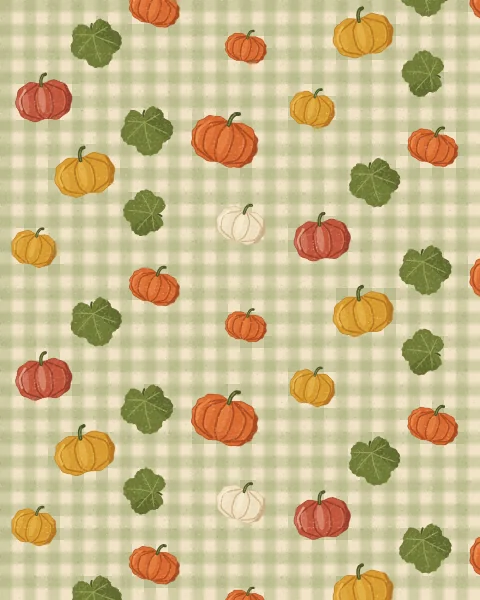 Pumpkins in orange, mustard, terracotta and cream with broad green leaves, scattered over a soft sage check on cream.