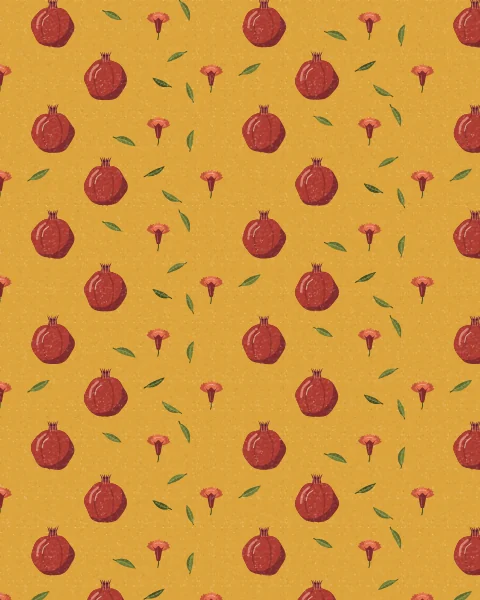 Upright pomegranates and scarlet pomegranate flowers alternate in an even staggered grid on a mustard ground, with small leaves between.
