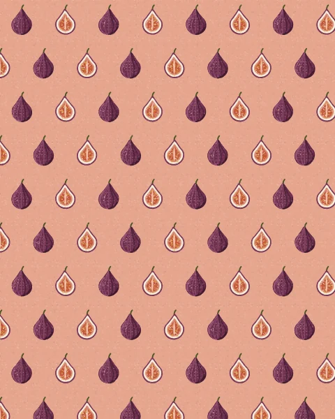 Whole figs and cut figs alternate in neat staggered rows on a rose ground.