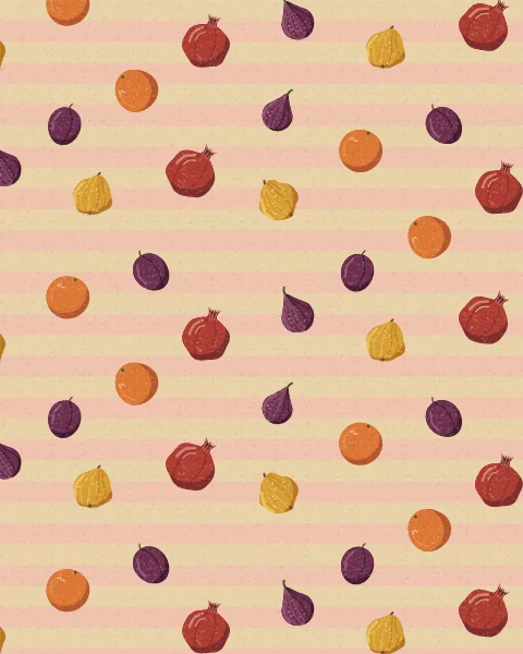 Pomegranates, quinces, oranges, figs and plums are scattered over soft horizontal stripes of blush and oatmeal.