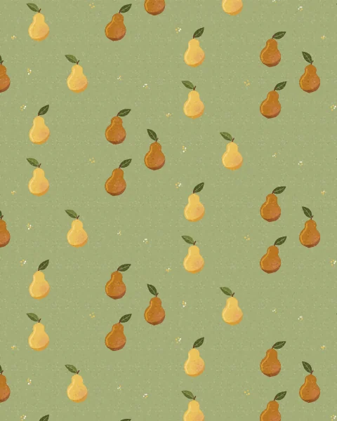 Golden and russet pears, each with a leaf, set in staggered rows on a sage ground with small cream dots.