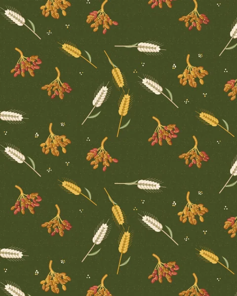 Hanging bunches of dates and ears of pale wheat repeat across a deep olive ground with small cream dots.