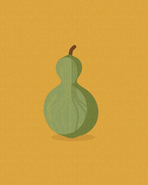 A green bottle gourd with a narrow neck and a curled stem, set large on mustard; taller shapes add a cream gourd and a broad leaf.