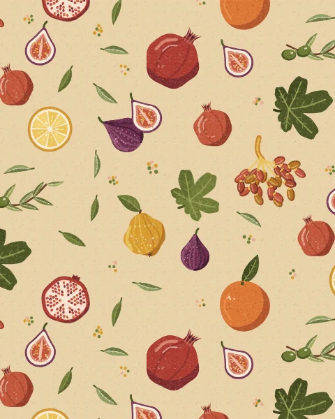 A large-scale repeat of pomegranates, an orange, figs, a quince, a bunch of dates, a cut lemon and an olive sprig with fig leaves on an oatmeal ground.