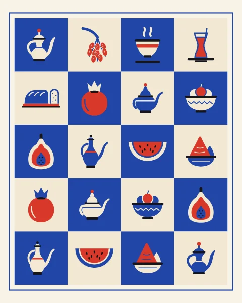 A grid of pictograms for a shared table, set on alternating cobalt and cream squares: coffee pot, dates, cups, tea glass, bread, fruit and a teapot.
