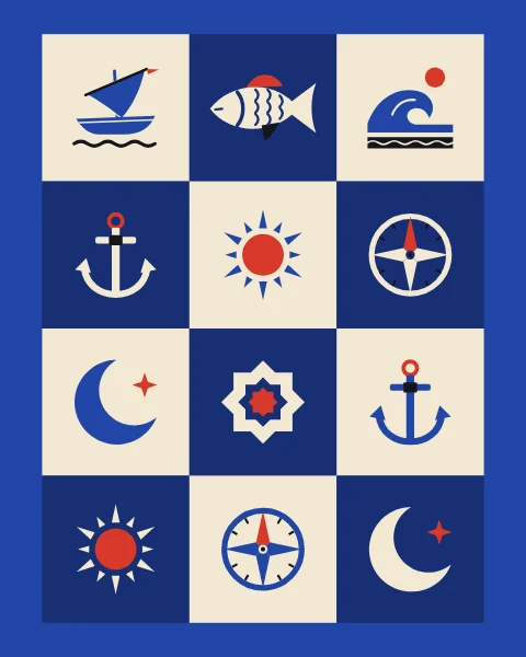 Sea signs in cream and deep blue squares on a cobalt field: a dhow, a fish, a wave, an anchor, the sun, a compass and the moon.