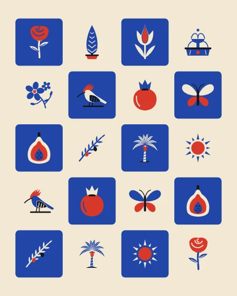 Cobalt tiles alternating with open cream squares, each holding a sign of the garden: rose, cypress, tulip, fountain, jasmine, hoopoe and fruit.