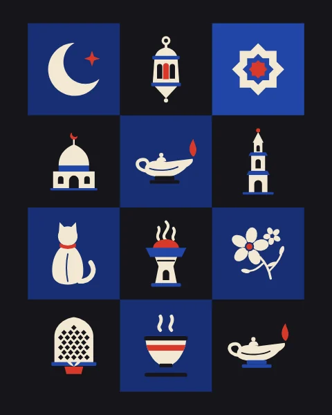 Signs of the night in cream on deep blue and black squares: crescent, lantern, star, dome, lamp, minaret, a sleeping cat and incense.
