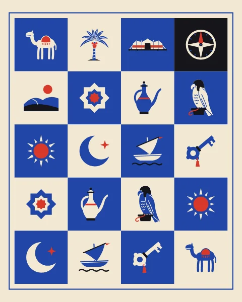 A travelling grid of camel, palm, tent, compass, dunes, star, water jug and falcon, with one red square breaking the pattern.