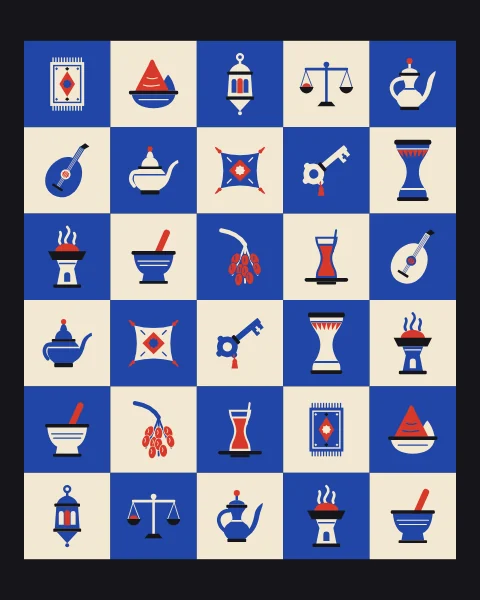 A dense grid of market signs on a black frame: rugs, spice cones, lanterns, scales, coffee pots, an oud, cushions, keys and drums.