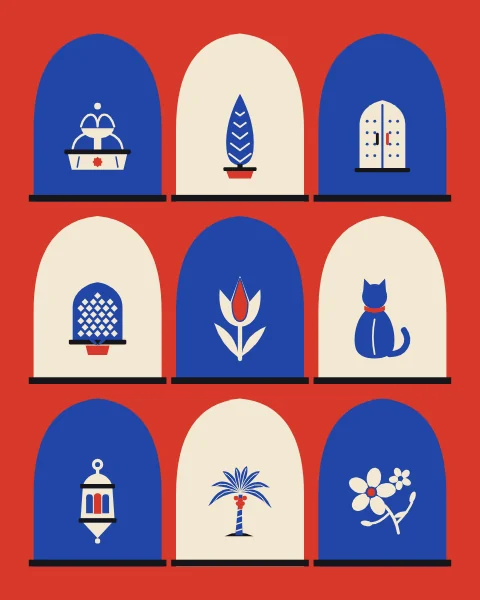 A run of pointed arches in cobalt and cream on a red wall, each framing a sign of the courtyard house: fountain, cypress, door, lattice window and tulip.