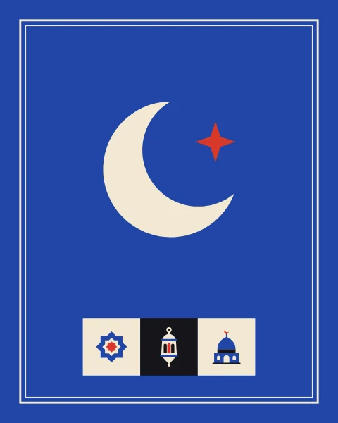 A large cream crescent with a small red star on a cobalt field, framed by a fine line, with lantern and dome below in longer shapes.