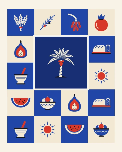 A large date palm heavy with red fruit, set among smaller harvest signs: wheat, olive, dates, pomegranate, fig and bread.