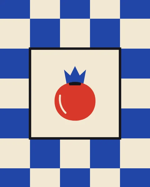 One large red pomegranate on a cream square, set into a plain cobalt and cream checkerboard.