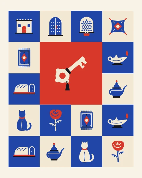 An old iron key with a red tassel on a large red square, framed by signs of home: house, door, window, cushion, rug, lamp and bread.