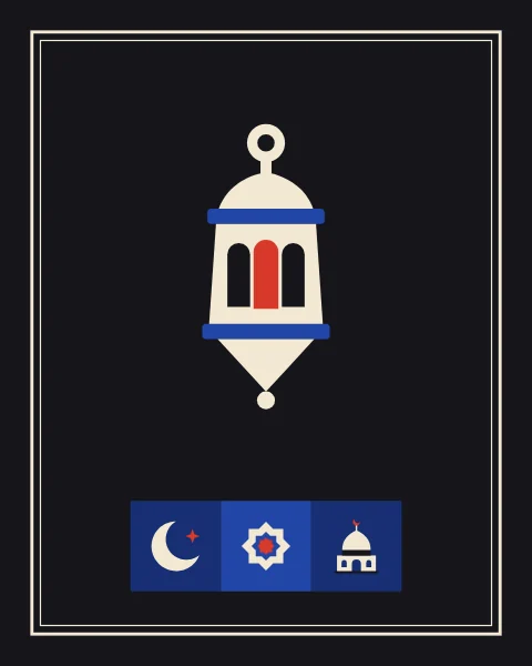 A tall lantern with a glowing red pane in cream on a black field, with crescent, star and dome below in longer shapes.