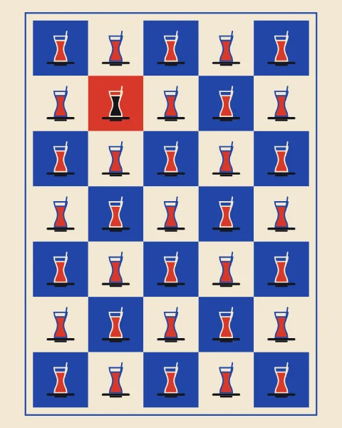 Rows of tulip-shaped tea glasses filled with red tea, alternating cobalt and cream, with one square turned red.