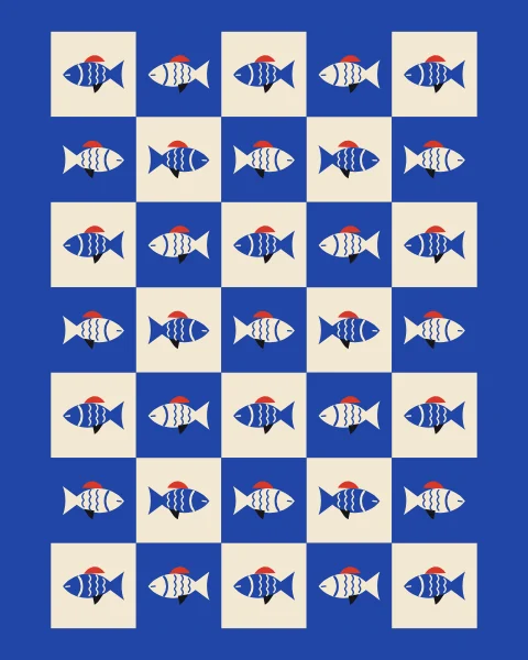 Rows of fish swimming in turn to the left and right, on alternating cobalt and cream squares inside a cobalt margin.