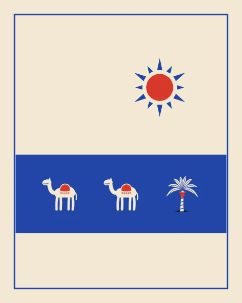 A line of camels and date palms crossing a cobalt band on a cream field, under a red sun.