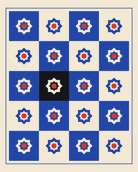 A field of eight-pointed stars with red centres on alternating cobalt and cream squares, one square in black.