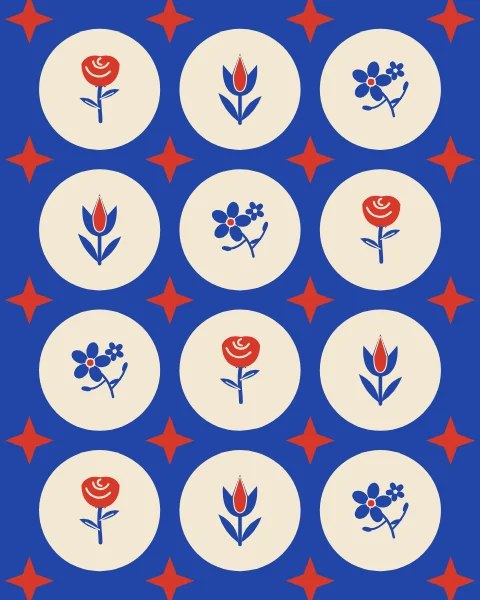 Round cream medallions holding a rose, a tulip and jasmine, set on cobalt with small red four-point stars between them.