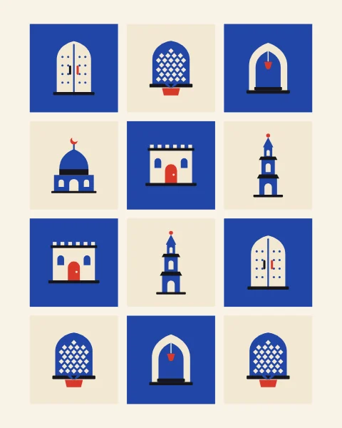 A grid of studded doors, lattice windows, arches and domes on cobalt and cream squares with paper gaps between them.