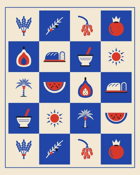 A grid of harvest signs on cream: wheat, olive, dates, pomegranate, fig, bread, a mortar, the sun and a palm.
