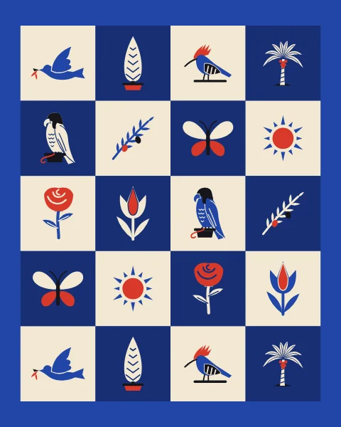 Cream and deep blue squares on a cobalt field holding a dove, a hoopoe, a falcon and a butterfly among cypress, palm and olive.