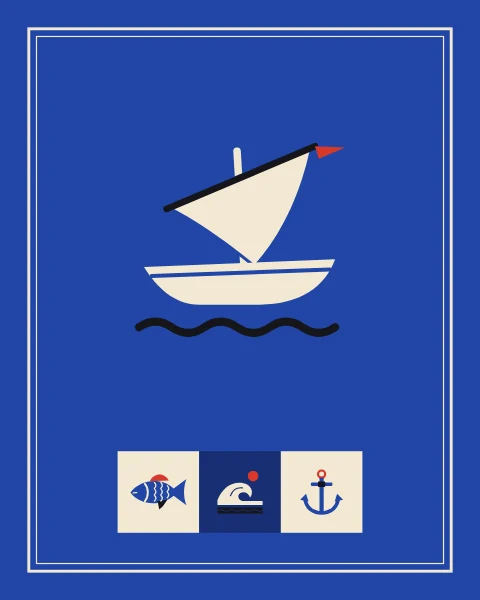 A single dhow under a lateen sail in cream on a cobalt field, with fish, wave and anchor in longer shapes.